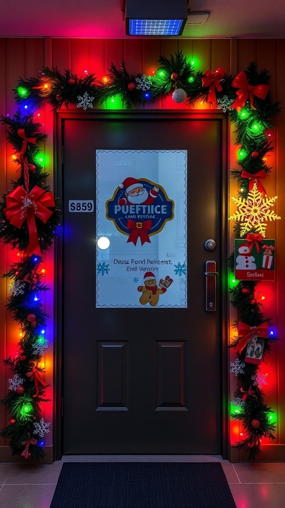 A decorated law enforcement office door for Christmas with lights and holiday decorations.